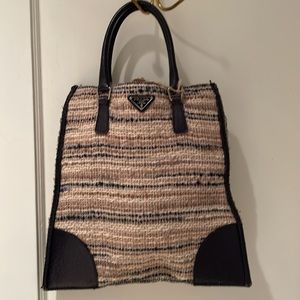 Small tweed and leather Prada tote hand bag navy and brown Italy great for fall